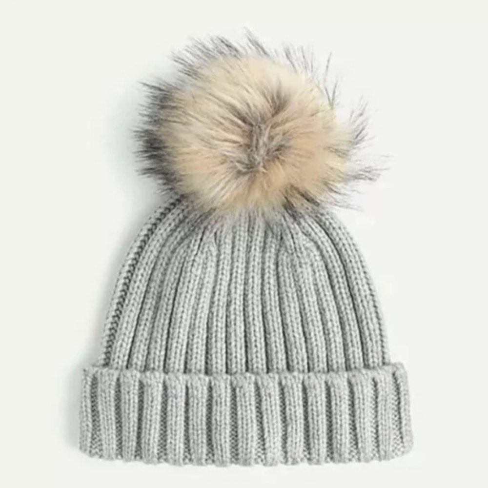 J Crew Ribbed puffy pom-pom wool blend beanie Grey Ash